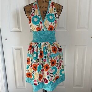 Colorful Floral Halter Sundress in Teal & Orange Apron